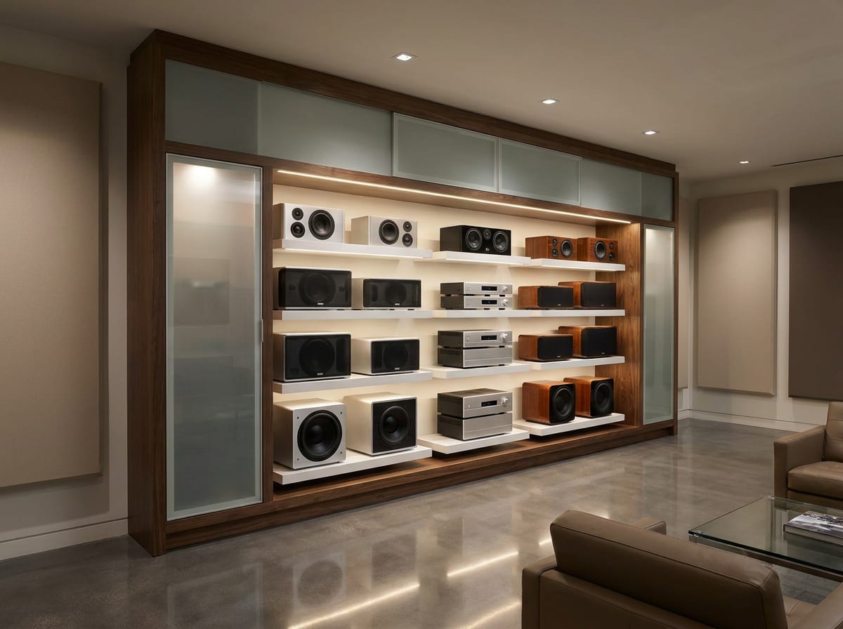 Showroom wall display of speakers and subwoofers